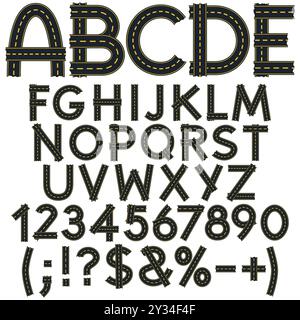 Alphabet, Buchstaben, Zahlen und Schilder von der Straßenoberfläche, Straße. Isolierte Vektorobjekte auf weißem Hintergrund. Stock Vektor