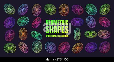 Neon-beschichtete Drahtmodellformen. Perspektivisches Netz, 3D-Raster. Geometrische Elemente mit niedrigem Poly. Futuristische Retro-Designelemente, y2k, Vaporwave und Synthwave Stock Vektor