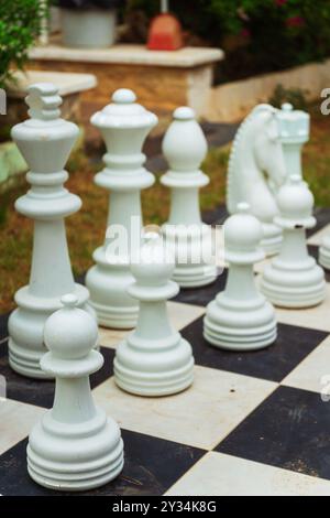 Ein großes Schachbrett mit übergroßen riesigen Schachfiguren Stockfoto
