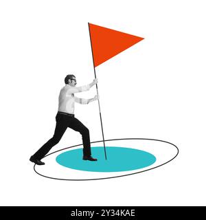 Geschäftsmann, der die Flagge setzt, markiert eine bedeutende Leistung. Erreichen von Zielen und Einsetzen von Ansprüchen in die Wettbewerbslandschaft des Unternehmens. Zeitgenössische Kunst Stockfoto