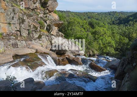 Ein Wasserfall fließt über Felsen in einer grünen, bewaldeten Landschaft unter blauem Himmel, Cascada del Diablo, Teufelswasserfall, Garganta de Gualtaminos, Gualtamino Stockfoto