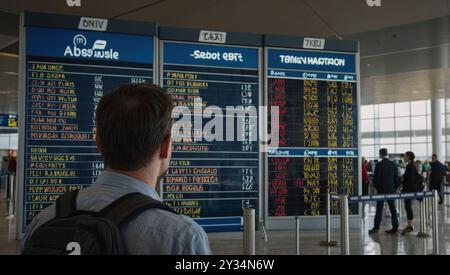 Ein Mann schaut sich die Abflugtafeln am Flughafen an, auf der Tafel gegenüber jedem Flug steht, dass er storniert ist. Stockfoto