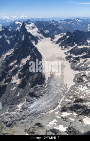 Glacier Blanc, südwestlichster Viertausender der Alpen, 4102 m, Barre des Ecrins. Berg, Luftaufnahme, Gletscher, Haut Alpes, Frankreich, Stockfoto