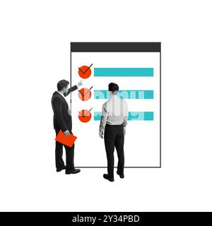 Zwei Geschäftsleute stehen vor der Checkliste und kennzeichnen Aufgaben als erledigt. Planung und Projektmanagement. Effektiver Arbeitsprozess. Konzeptdesign Stockfoto