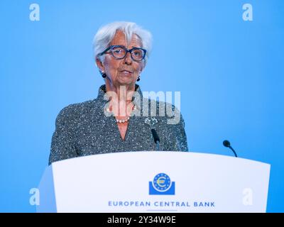 Frankfurt Pressekonferenz der Europaeischen Zentralbank, 12.09.2024. Christine Lagarde Praesidentin der Europaeischen Zentralbank, Pressekonferenz der Europaeischen Zentralbank nach der Ratssitzung am 12.09.2024. *** Frankfurter Pressekonferenz der Europäischen Zentralbank, 12 09 2024 Christine Lagarde Präsidentin der Europäischen Zentralbank , Pressekonferenz der Europäischen Zentralbank nach der Ratstagung am 12 09 2024 Copyright: XEibner-Pressefoto/FlorianxWieganx EP FWD Stockfoto