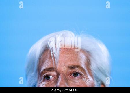 Frankfurt Pressekonferenz der Europaeischen Zentralbank, 12.09.2024. Christine Lagarde Praesidentin der Europaeischen Zentralbank, Pressekonferenz der Europaeischen Zentralbank nach der Ratssitzung am 12.09.2024. *** Frankfurter Pressekonferenz der Europäischen Zentralbank, 12 09 2024 Christine Lagarde Präsidentin der Europäischen Zentralbank , Pressekonferenz der Europäischen Zentralbank nach der Ratstagung am 12 09 2024 Copyright: XEibner-Pressefoto/FlorianxWieganx EP FWD Stockfoto