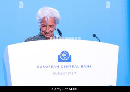 Frankfurt Pressekonferenz der Europaeischen Zentralbank, 12.09.2024. Christine Lagarde Praesidentin der Europaeischen Zentralbank, Pressekonferenz der Europaeischen Zentralbank nach der Ratssitzung am 12.09.2024. *** Frankfurter Pressekonferenz der Europäischen Zentralbank, 12 09 2024 Christine Lagarde Präsidentin der Europäischen Zentralbank , Pressekonferenz der Europäischen Zentralbank nach der Ratstagung am 12 09 2024 Copyright: XEibner-Pressefoto/FlorianxWieganx EP FWD Stockfoto