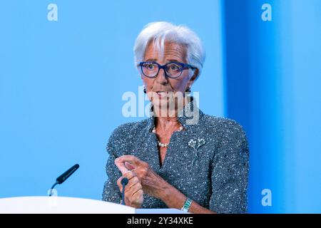 Frankfurt Pressekonferenz der Europaeischen Zentralbank, 12.09.2024. Christine Lagarde Praesidentin der Europaeischen Zentralbank, Pressekonferenz der Europaeischen Zentralbank nach der Ratssitzung am 12.09.2024. *** Frankfurter Pressekonferenz der Europäischen Zentralbank, 12 09 2024 Christine Lagarde Präsidentin der Europäischen Zentralbank , Pressekonferenz der Europäischen Zentralbank nach der Ratstagung am 12 09 2024 Copyright: XEibner-Pressefoto/FlorianxWieganx EP FWD Stockfoto