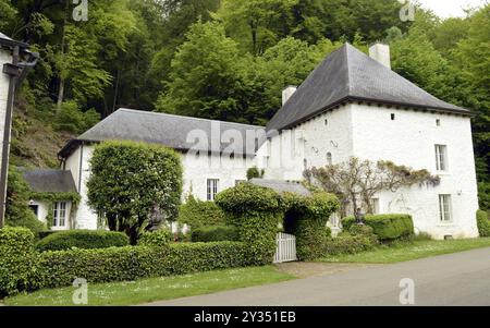 Haus mit einigen Efeu in Fassade und einem Weinberg und Tür und weißen Fensterläden aus Holz Stockfoto