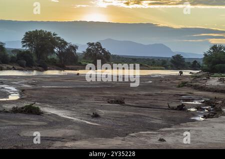 Sonnenuntergang am Ewaso Ngiro River in Samburu Park im Zentrum von Kenia Stockfoto