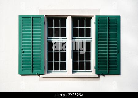Alte, grüne, offene Holzfenstern eines ländlichen europäischen Hauses. Nahaufnahme, Vorderansicht, nein. Stockfoto