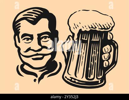 Glücklicher älterer Mann, der einen Bierbecher hält. Handgezeichnete Vektor-Illustration für Pub- oder Restaurantmenü Stock Vektor