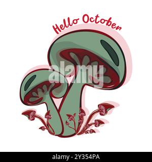 Hallo Oktober. Hallo Herbst. Schablone mit bunten Pilzen und modernen Handbeschriftungen. Skizze, Entwurfselemente. Vektorillustration für Auto geeignet Stock Vektor