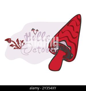 Hallo Oktober. Hallo Herbst. Schablone mit bunten Pilzen und modernen Handbeschriftungen. Skizze, Entwurfselemente. Vektorillustration für Auto geeignet Stock Vektor