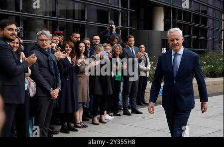 Bruno Le Maire bei einer Abschiedsfeier im französischen Ministerium für Wirtschaft und Finanzen (Bercy) am 12. September 2024 in Paris. Frankreich wird "nächste Woche" eine neue Regierung haben, sagte kürzlich der konservative Premierminister Michel Barnier am 12. September, als er Kandidaten für die Leitung von Ministerien vor einem unberechenbaren hängenden parlament aussuchte. Foto: Jean-Bernard Vernier/JBV News/ABACAPRESS. COM Credit: Abaca Press/Alamy Live News Stockfoto