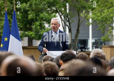 Paris, Frankreich, . September 2024. Bruno Le Maire hält am 12. September 2024 im französischen Ministerium für Wirtschaft und Finanzen (Bercy) in Paris eine Rede. Frankreich wird "nächste Woche" eine neue Regierung haben, sagte kürzlich der konservative Premierminister Michel Barnier am 12. September, als er Kandidaten für die Leitung von Ministerien vor einem unberechenbaren hängenden parlament aussuchte. Foto: Jean-Bernard Vernier/JBV News/ABACAPRESS. COM Credit: Abaca Press/Alamy Live News Stockfoto