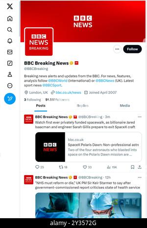 'X' - ehemals Twitter - Seite (September 2024) von BBC Breaking News Stockfoto