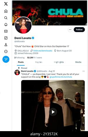 'X' - ehemals Twitter - Seite (September 2024) von Demi Lovato, Sängerin und Schauspielerin Stockfoto