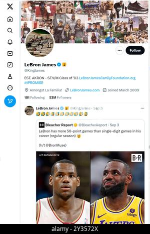 'X' - ehemals Twitter - Seite (September 2024) von LeBron James, Basketballspieler Stockfoto