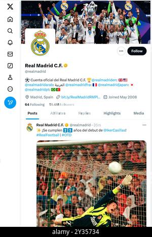 'X' - ehemals Twitter - Seite (September 2024) des Fußballvereins Real Madrid Stockfoto