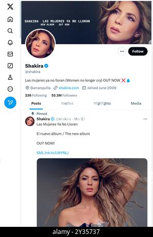 'X' - ehemals Twitter - Seite (September 2024) von Shakira, Sängerin Stockfoto