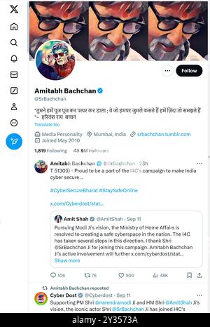 'X' - ehemals Twitter - Seite (September 2024) von Amitabh Bachchan, Schauspieler Stockfoto