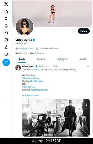 'X' - ehemals Twitter - Seite (September 2024) von Miley Cyrus, Sängerin und Schauspielerin Stockfoto