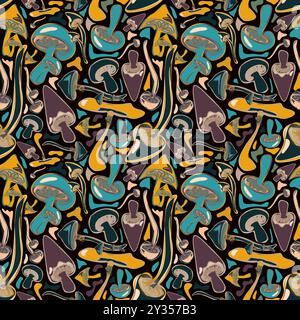 Nahtloses Herbstmuster mit bunten Pilzen. Botanisches Vektordesign für Stoff, Verpackung, Textil, Druck, Vorlage, Karte. Halloween-Muster Stock Vektor