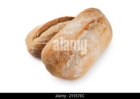 Studio-Aufnahme von zwei Sauerteiglaiben vor weißem Hintergrund - John Gollop Stockfoto