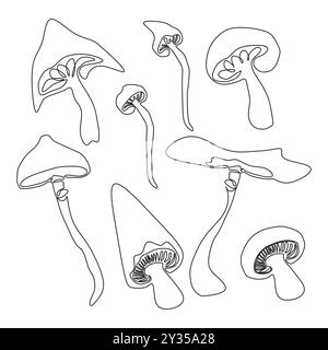Set von Fantasy-Pilzen. Handgezeichnete Vektorillustrationen Sammlung. Waldpflanzen-Skizzen. Botanisches Set. Durchgehende Linienzeichnung isoliert auf weiß Stock Vektor