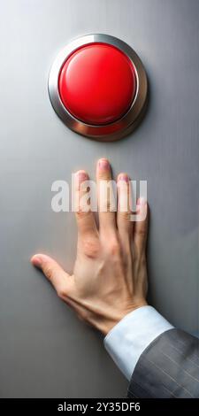 Eine weiße menschliche Hand, die nach dem roten Knopf greift. Stockfoto