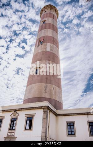 Atemberaubender Blick auf die Küste von Praia da Barra mit dem berühmten Leuchtturm in Aveiro, Portugal Stockfoto