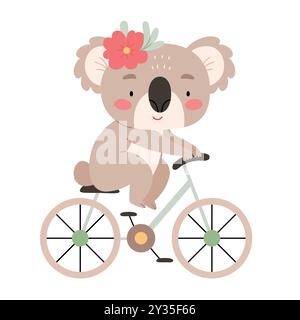 Ein süßer Koala fährt mit dem Fahrrad. Kinderillustration im skandinavischen Stil in Pastellfarben. Stock Vektor