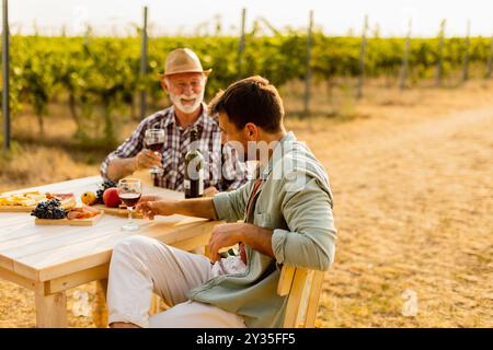 Zwei Freunde genießen die reichhaltigen Aromen von lokalen Weinen und köstlichen Snacks an einem rustikalen Tisch im Freien, während sie sich bei Sonnenuntergang im goldenen Glanz des Weinbergs erfreuen Stockfoto