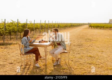 Ein paar entspannen sich an einem rustikalen Tisch in einem sonnigen Weinberg, genießen Wein und Gourmet-Snacks. Sie teilen Lachen und Freude, umgeben von üppigen Weinstöcken und dem Stockfoto