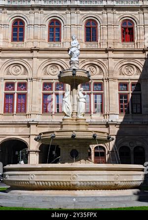 Der Opernbrunnen vor der Wiener Staatsoper, ein Wahrzeichen an der Ringstraße der Stadt. Stockfoto