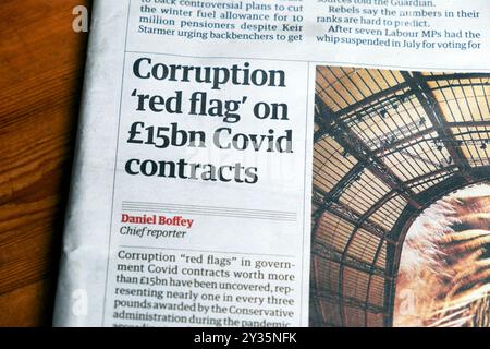 „Korruption“ auf 15 Mrd. £ COVID Contracts“ Guardian-Zeitung Schlagzeile COVID 19 Transparency International artikel 10 September 2024 London Vereinigtes Königreich Stockfoto
