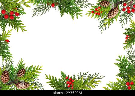 Festlicher Weihnachtsrahmen aus Thuja-Zweigen, verziert mit Kegeln und künstlichen roten Beeren. Rahmen isoliert auf weißem Hintergrund, Kopierraum, Draufsicht. Stockfoto