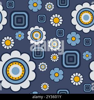 Nahtlose Groovy Hippie Blumen Und Quadrate, Die Sich Mit Oberflächenmuster Wiederholen Stockfoto