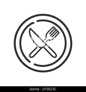 Symbol für Messergabelplatte. Einfache Strichgrafik-Symbol eines Messers und einer Gabel, die auf einem Teller gekreuzt ist. Ideal für Speisen, Restaurants oder gastronomische Konzepte. Stock Vektor