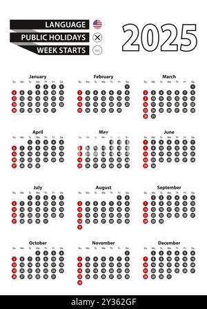 Englischer Kalender 2025 mit Zahlen in Kreisen, die Woche beginnt am Sonntag. Vektorabbildung. Stock Vektor