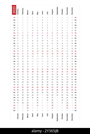 Vertikaler Kalender mit einer Zeile 2025, erster Tag der Woche am sonntag. Vektorkalender. Stock Vektor