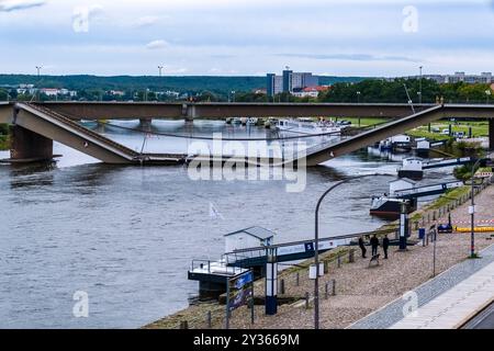 Die teilweise eingestürzte Carola-Brücke, die in die Elbe einbrach, von der Brühl-Terrasse aus gesehen. Stockfoto