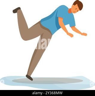 Cartoon-Mann verliert auf nassem Boden das Gleichgewicht und fällt herunter Stock Vektor