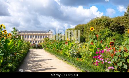 Paris, Frankreich, Landschaft mit Blumen und Grande galerie de l'Evolution im Jardin des Plantes, nur Editorial. Stockfoto
