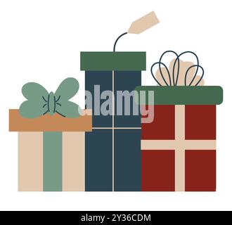 Illustration Geschenkboxen. Weihnachtsgeschenke in Papierverpackung, verziert mit Schleifen, Fäden und Garnen. Überraschungen in Geschenkschachteln. Flacher Vect Stock Vektor