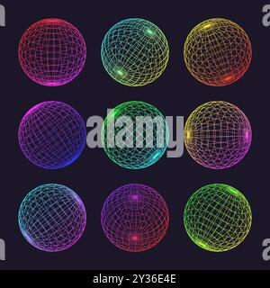 Neon-Drahtmodellformen, gefütterte Kugel. Perspektivisches Netz, 3D-Raster. Geometrische Elemente mit niedrigem Poly. Futuristische Retro-Designelemente, y2k, Vaporwave und Stock Vektor