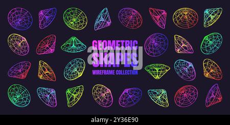 Neon-beschichtete Drahtmodellformen. Perspektivisches Netz, 3D-Raster. Geometrische Elemente mit niedrigem Poly. Futuristische Retro-Designelemente, y2k, Vaporwave und Synthwave Stock Vektor