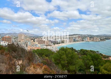 Atemberaubende Aussicht aus der Luft Calpe Spanien Mittelmeerküste Penon de Ifach Felsen üppige Vegetation sonniger Tag Tourismus Paradies, Panoramablick Calpe Stockfoto