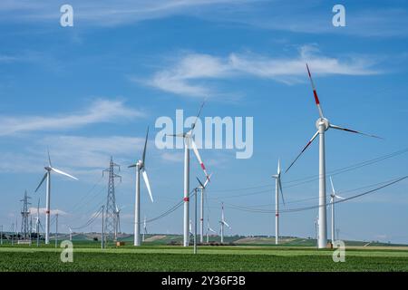 Windturbinen und Stromleitungen in Apulien, Italien Stockfoto